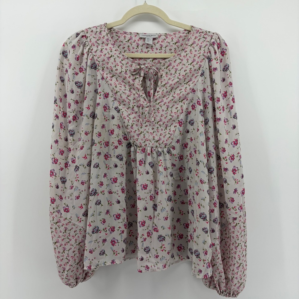 Carolina Belle Montreal Floral Print‎ Smocked Blouse Long Sleeve Tie Neck XL
